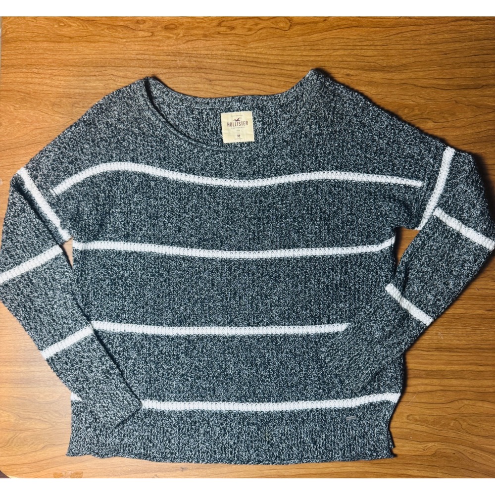 Hollister Womens Grey White Striped Marled Knit Scoop Neck Pullover Sweater M